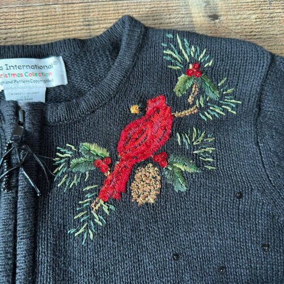 Tiara International Christmas Cardigan Sweater Womens Embroidered Birds Berries - Picture 7 of 8